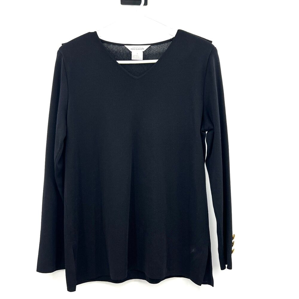 Exclusively Misook Womens L Black V-Neck Knit Top Gold Button Long Sleeve